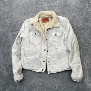 Levis Jacket Womens Extra Large White Trucker Denim Sherpa Lined Snap Front